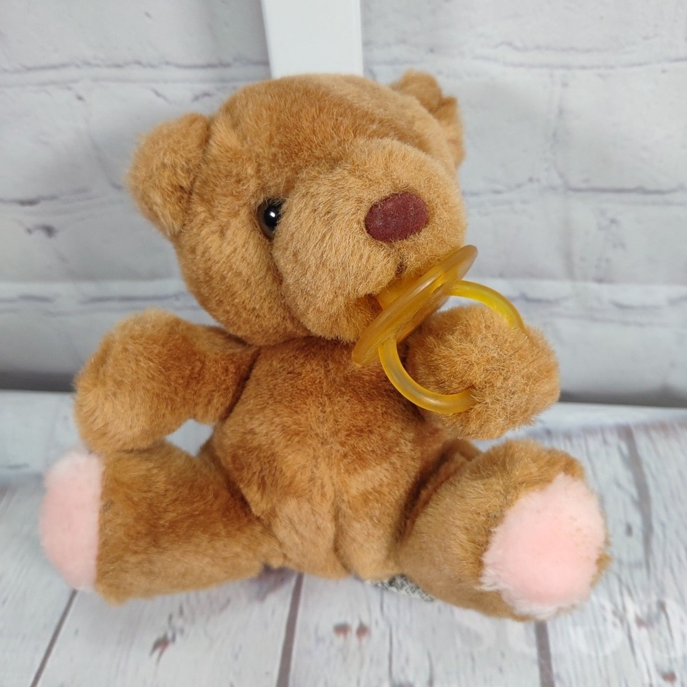 VTG Russ Berrie Baby Bibi Teddy Bear 6"w/ Pacifier Brown Plush Stuffed Animal CM